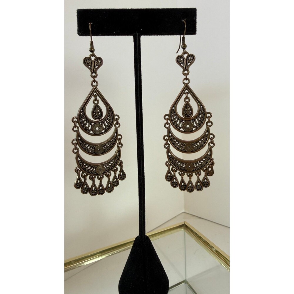 Vintage Boho Filigree Chandelier Earrings | Antique Bronze Tone 3.5”
